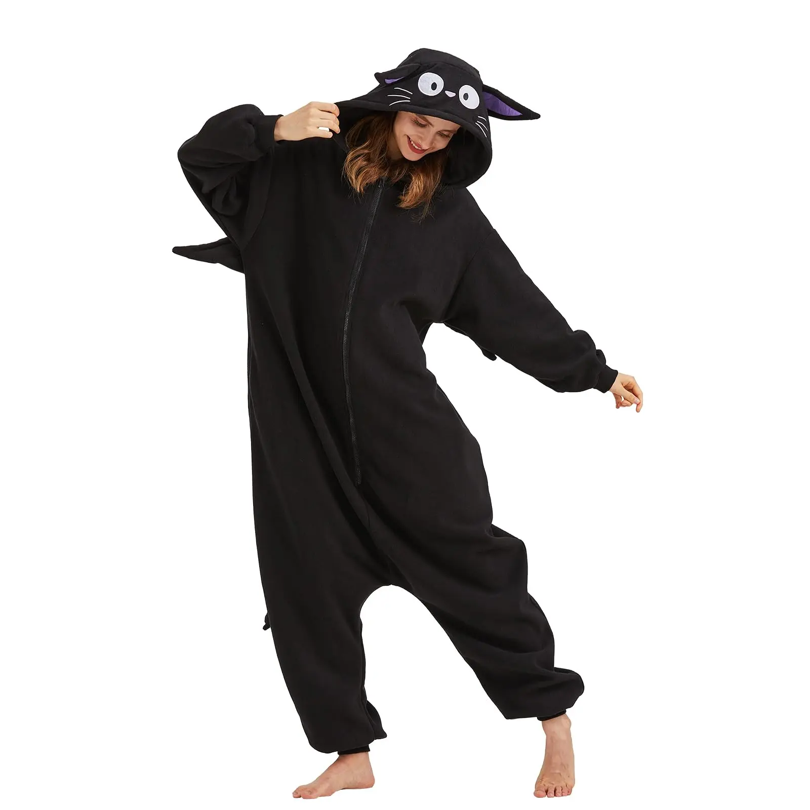 Women's Unisex Long-Sleeve Polyester Cat Onesie Pajama Set - Relaxed Fit Holiday Loungewear, Cosplay Gear with Cat Ears, Halloween Costume, Cozy Wear, Costume Ideas, Unisex Wear, Adult