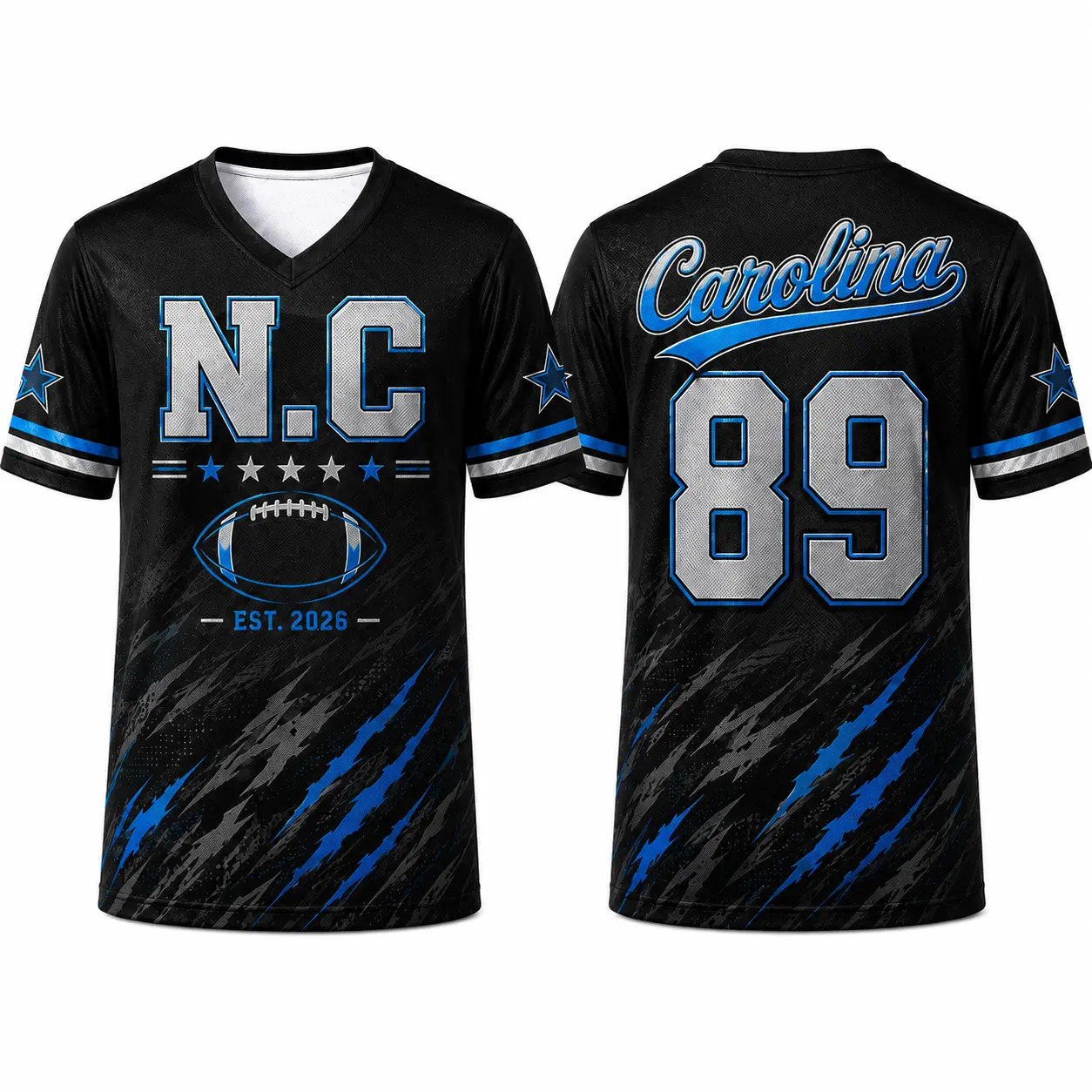N.C 89 V-Neck Football Style Shirt for Men Women, Black Blue Original Game Day Sports Jersey Tee, Carolina-Inspired Short Sleeve Athletic Top for Tailgate, Sports Events, Casual Streetwear and Daily Wear