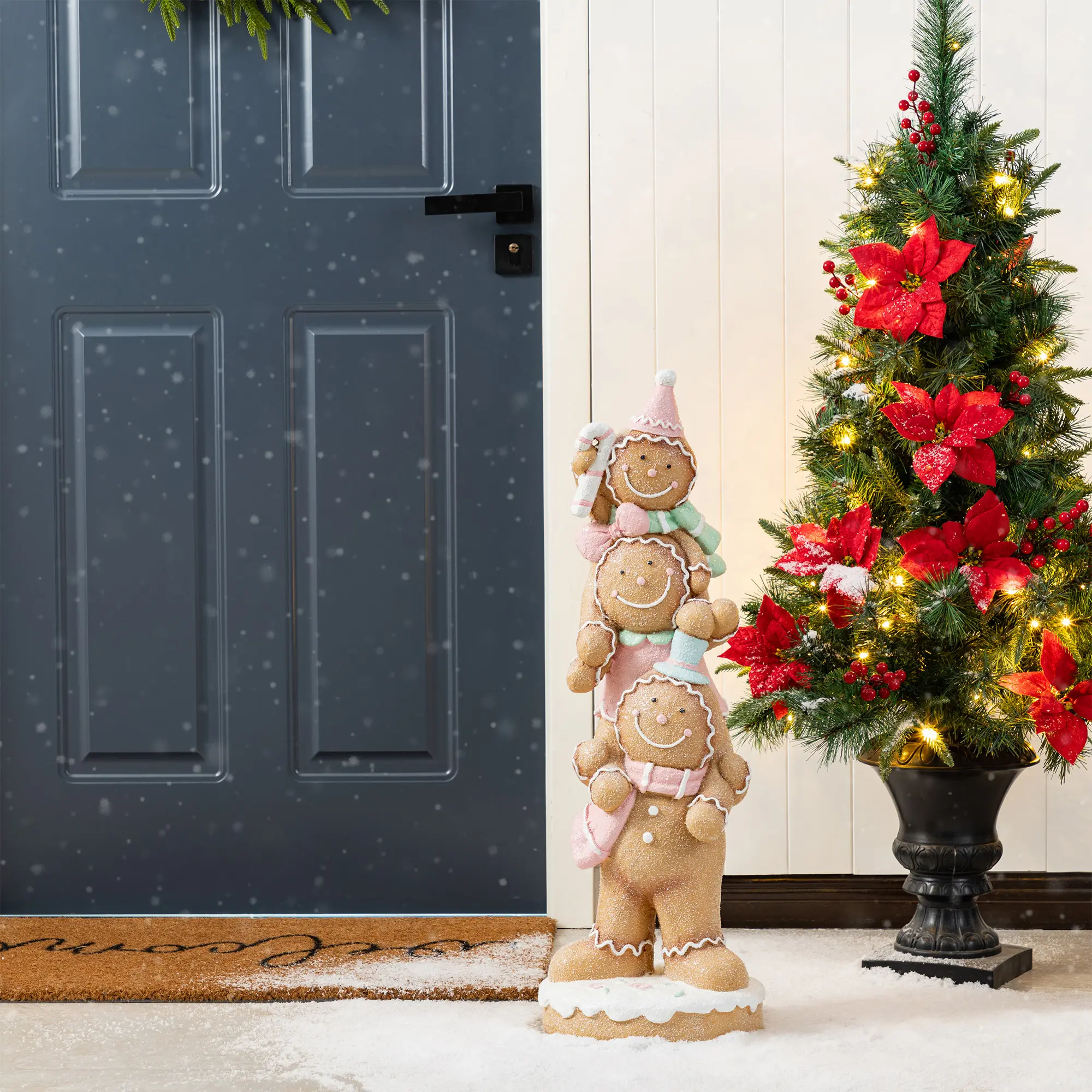 Glitzhome 29.25"H Christmas Macaron Pink Resin Stacked Gingerbread Man Porch Decor