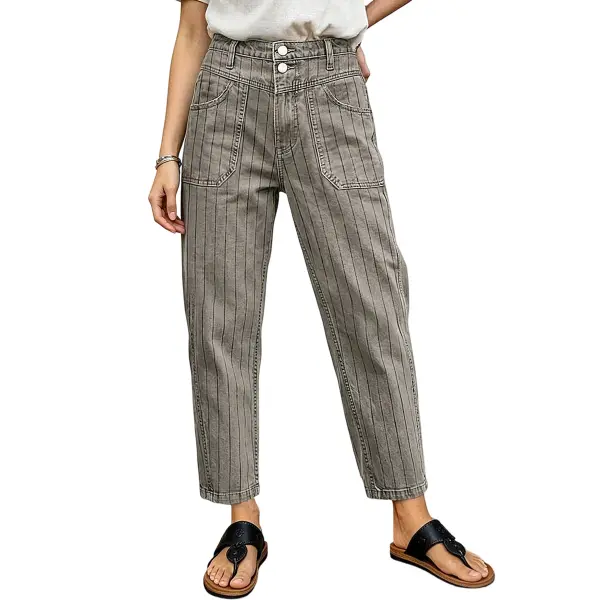 Flamingals Striped V Yoke Dual Button High Rise Crop Tapered Pants Womenswear Stretchy 24.6" Inseam