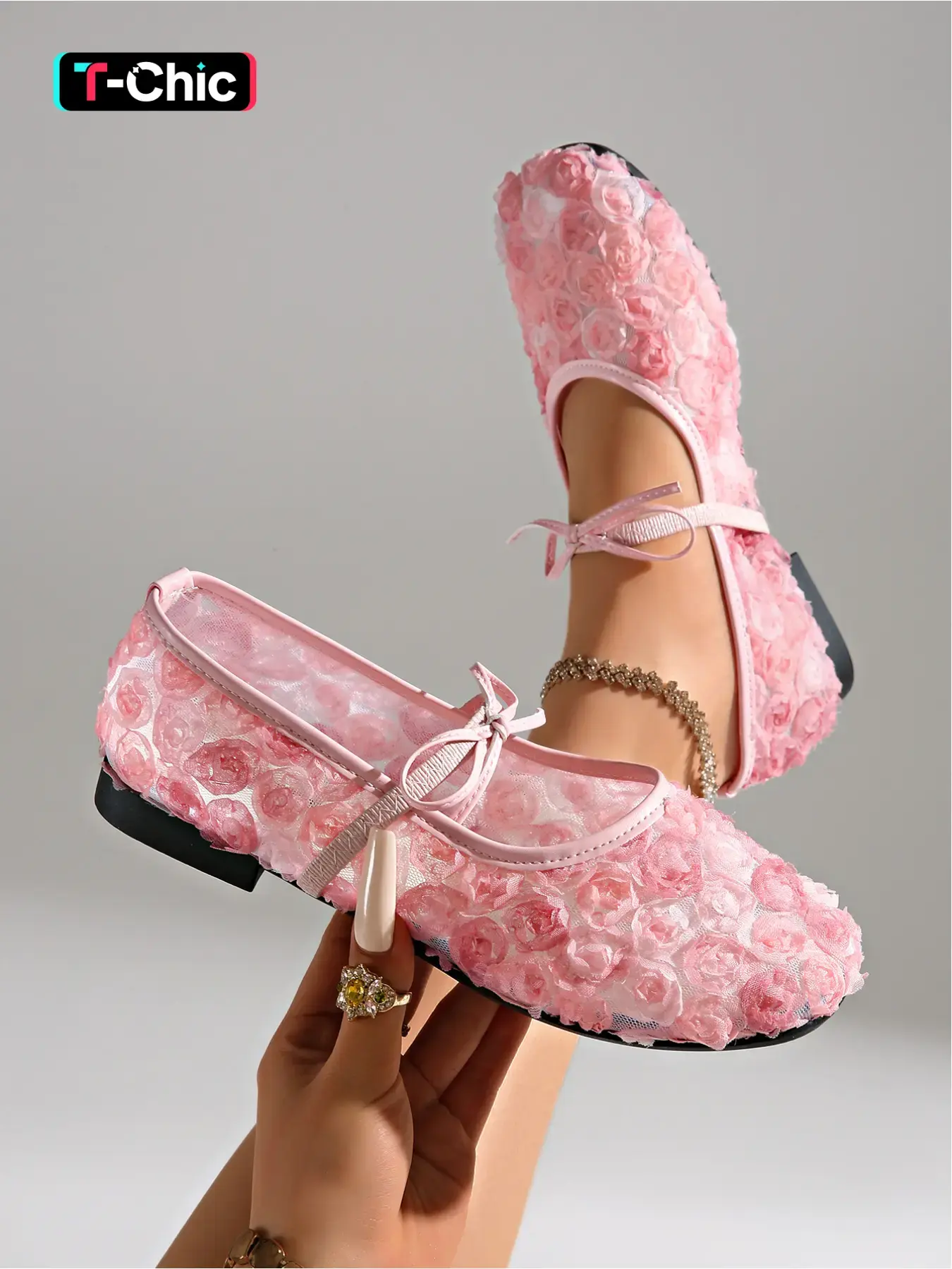Women's New Three-Dimensional Floral Mesh Mary Jane Flats Casual Bow Elastic Band Ballet Shoes Summer Breathable Flat Shoes Soft Sole Flats Mary Janes Shoes