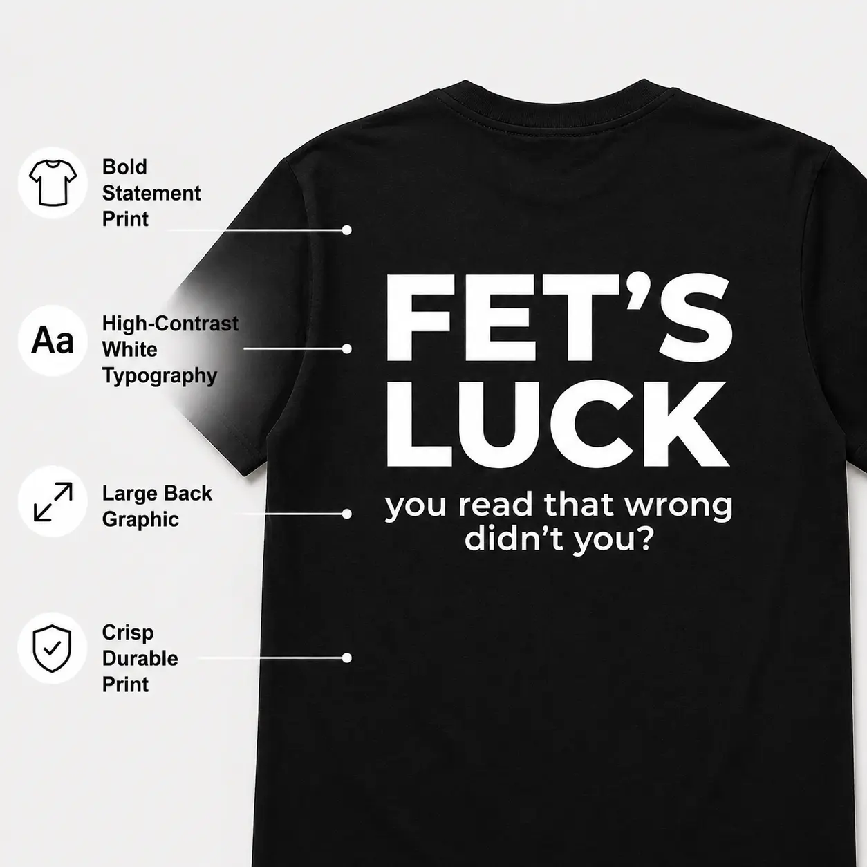 Funny Misread Sarcastic Back Print Men T‑Shirt, Fets Luck You Read That Wrong Didnt You Humor Slogan Graphic Tee, Casual Cotton Short Sleeve Novelty T‑Shirt