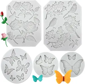 Pack of 5 Butterfly Rose Flower Stems Birds Blossoms Silicone Fondant Mold for Making Chocolate Fondant Jelly Polymer Clay Soap Crafting DIY Projects and Cake Decoration