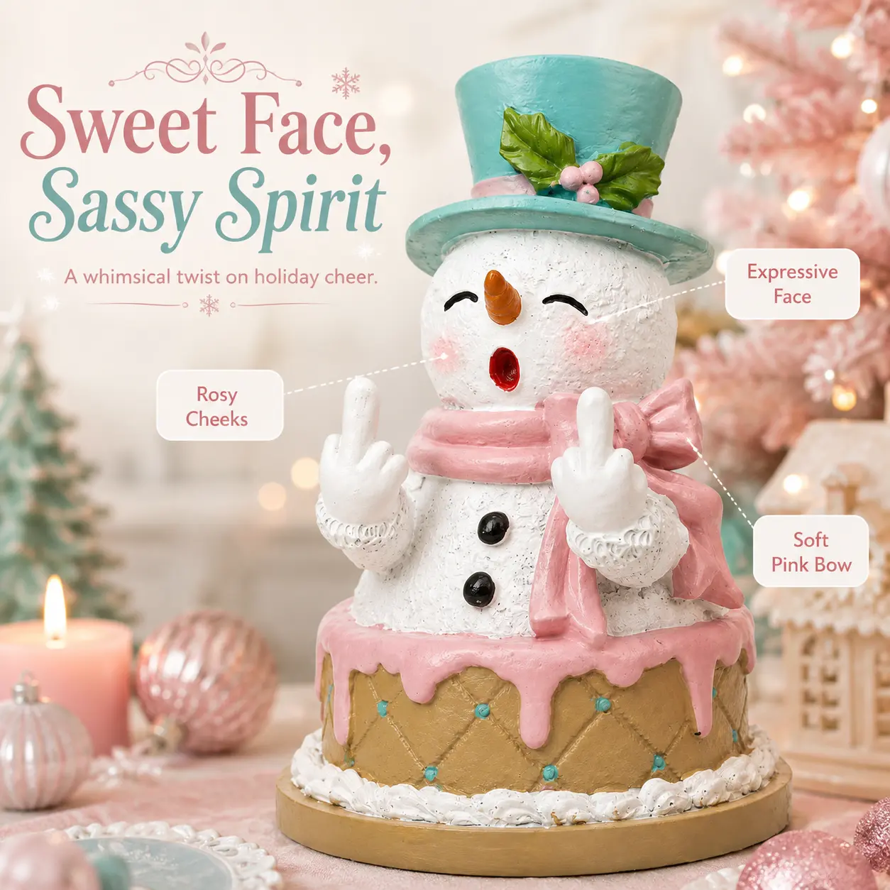 HODAO NOONO Sweet Face Sassy Spirit Snowman Figurine | Rosy Cheeks & Pink Bow, Cute Holiday Decor