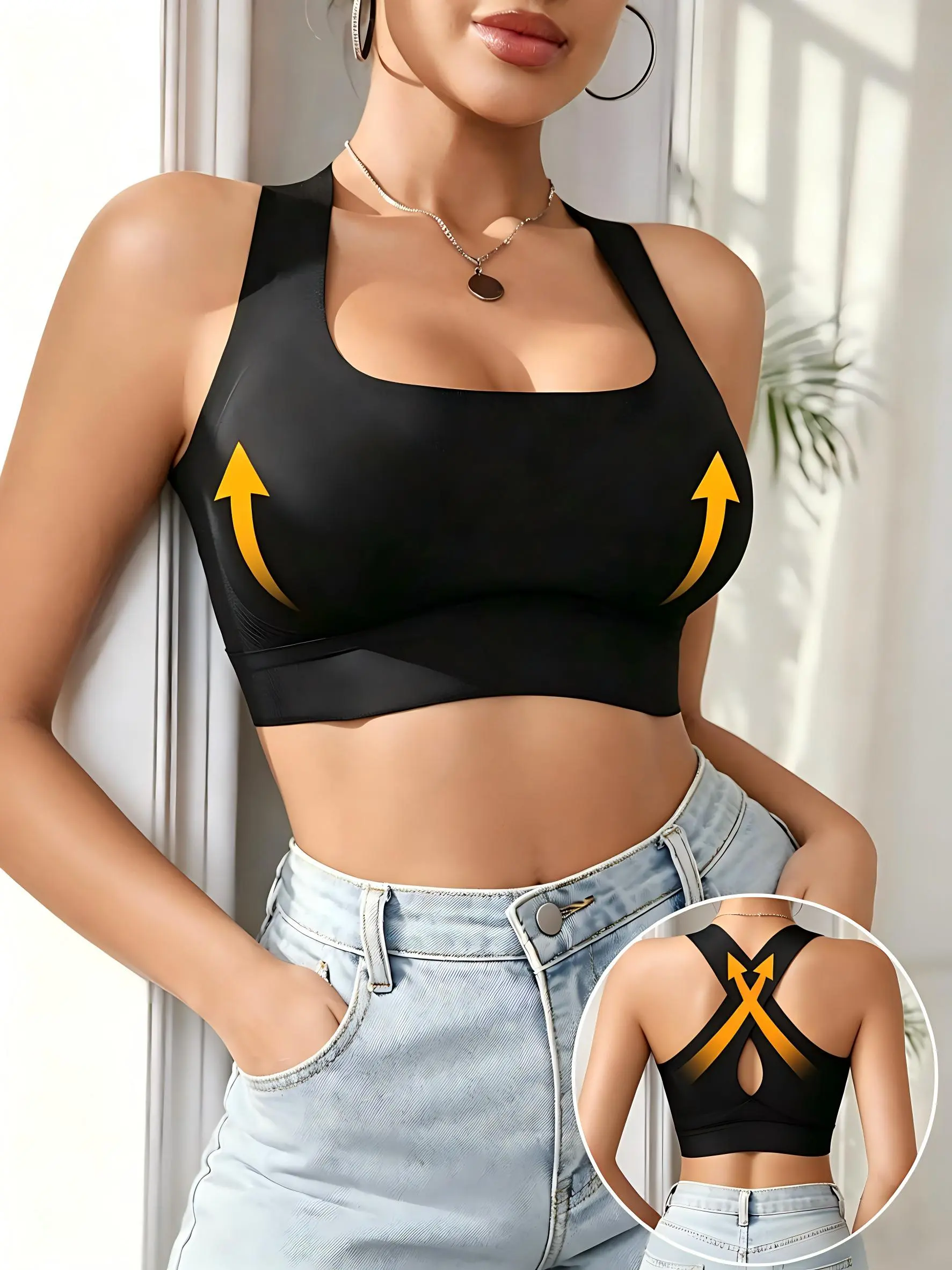 Plus Size Women's s Bra with Removable Pads - Breathable Anti-Sagging Wire-Free Design for Yoga - Racerback Style,  Medium Elasticity, Top, Seamless Style, Durable Construction, The Cross Back Bralette Bundle woman wireless Nylon Womenswear Fabric Smooth