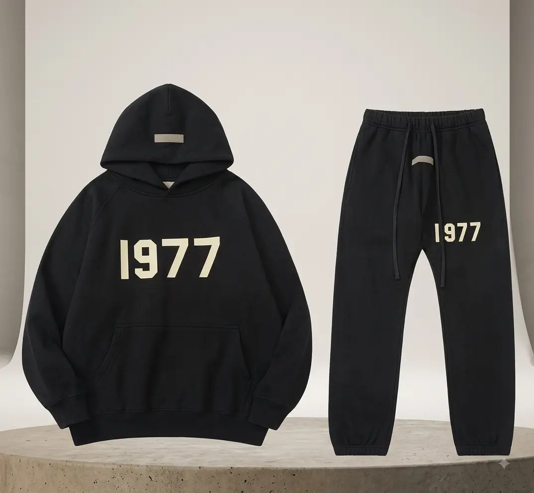 1977 Hoodie & Pants Black Set – Unisex Streetwear Tracksuit, Pullover Sweatshirt + Joggers
