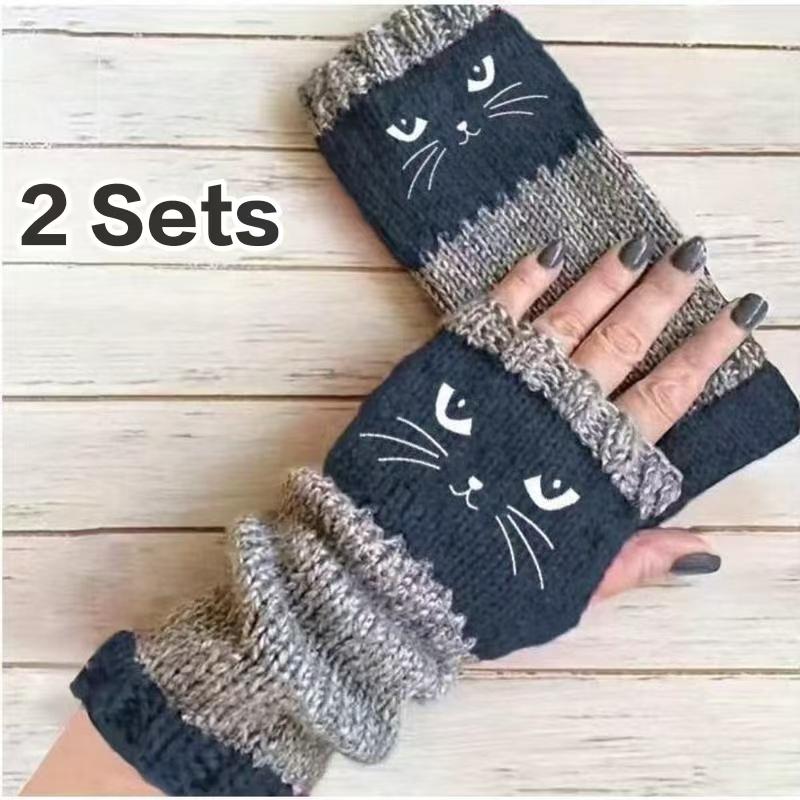 【Buy One Get One Free】Women's knitted fingerless gloves with cute cat embroidery pattern - comfortable and fashionable gloves suitable for casual spring wear