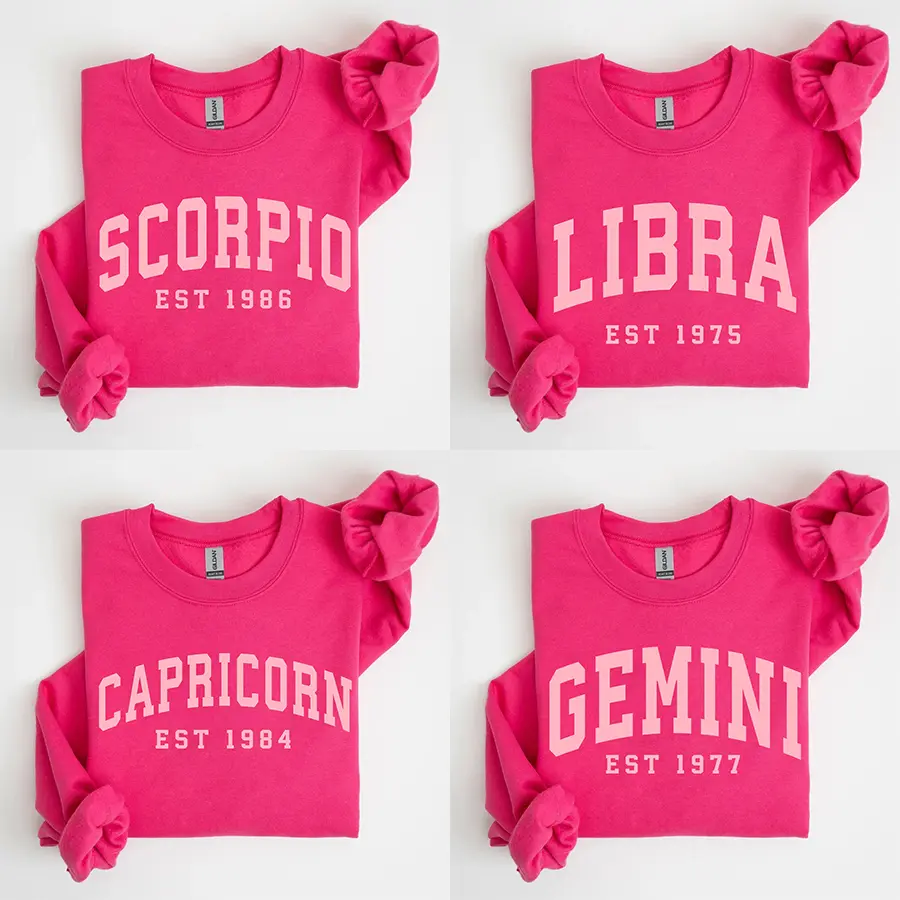(Leave A Note or DM to Shop) Custom Zodiac Sweatshirt – Pink Color (Heliconia), Custom Year-Est Your Year Astrology Pullover, Cute Horoscope Energy Gift, Unisex Crewneck Sweatshirt, Birthday Zodiac Sign Outfit 2025 - HARSIN