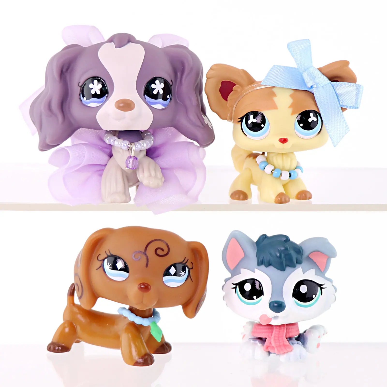 4 Pcs Mini Dog Figurines Set, Cute Cartoon Puppy Toy Figures with Tutu Skirt, Bow, Beaded Necklace & Scarf Accessories, Collectible Small Animal Statues, Kids Pretend Play Toy, Cake Topper & Desktop Decor