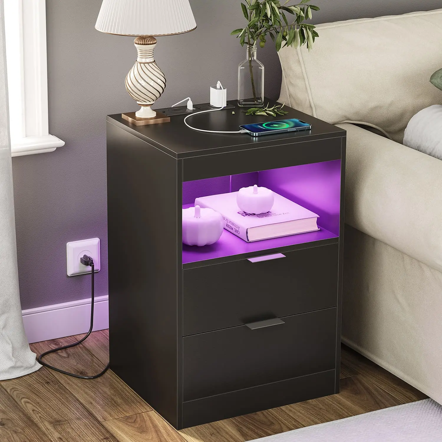 Sikaic Modern Black Smart Nightstand Bedroom Furniture - LED Indoor Furniture Table with Built-in Wireless Charging Station, Compact Storage Drawer, and Charging Port