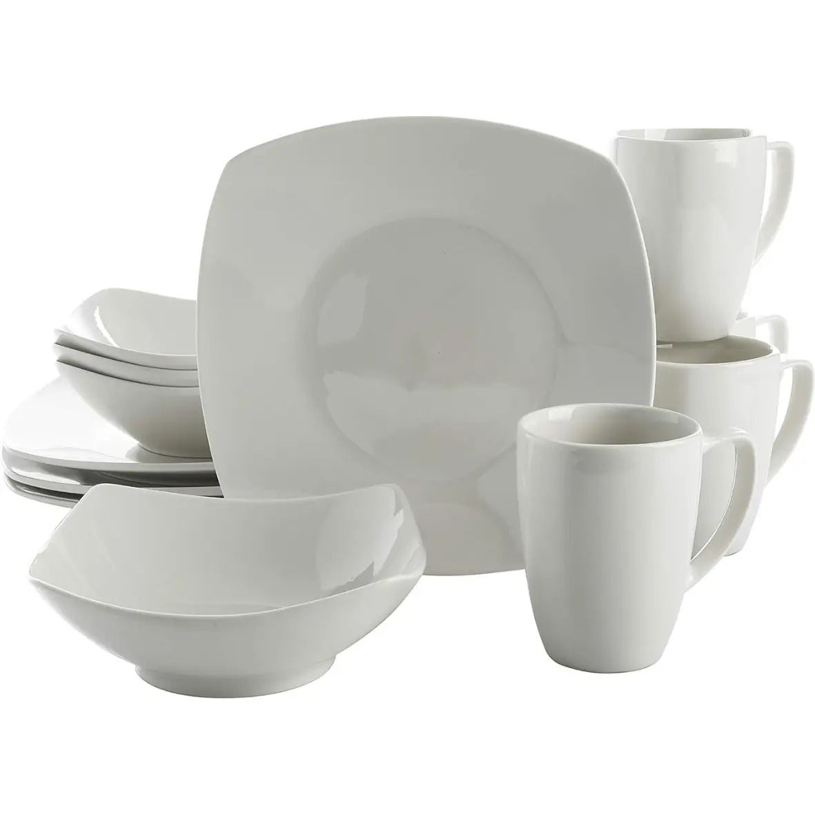 Upgrade Your Dining Experience with the Amelia Court Porcelain Dinnerware Set, Designed for Service for 4 (12 pieces). Features a Sleek White (Soft Square) Design, Crafted from High-Quality Porcelain