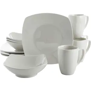Upgrade Your Dining Experience with the Amelia Court Porcelain Dinnerware Set, Designed for Service for 4 (12 pieces). Features a Sleek White (Soft Square) Design, Crafted from High-Quality Porcelain