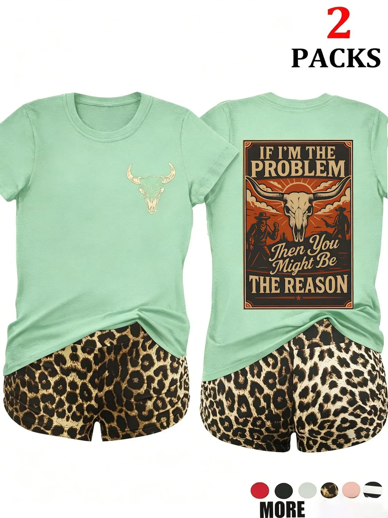 This 2-piece set features a "If I'm The Problem" themed printed short-sleeved T-shirt and leopard print shorts. Made of soft and breathable fabric, the round neck is flattering for all body types, easily creating an American retro street style look.
