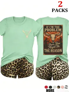 This 2-piece Matching set, Casual, Clothes, features a 'If I'm The Problem' themed printed short-sleeved T-shirt and leopard print shorts, made of soft and breathable fabric, the round neck is flattering, creating an American retro street style look