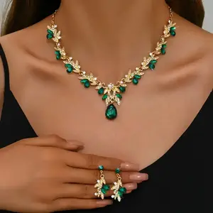 Elegant bridal wedding banquet clavicle necklace and earring set with green gemstone accents, women’s alloy jewelry, two-piece design, optional colors