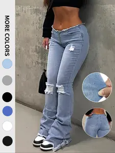 NVFelix Women's High Waist Ripped Flare Jeans with Frayed Hem and Distressed Details, Comfortable, Stylish and Casual Washed Denim Trousers for All Seasons