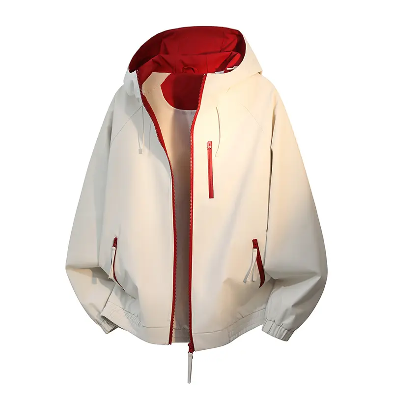 Men's Long Sleeve Hooded Coat, Stylish Casual Color-Block Windbreaker Jacket with Zipper Pockets for School, Menswear, Loose-Fit, Machine Wash, Medium Length, Polyester