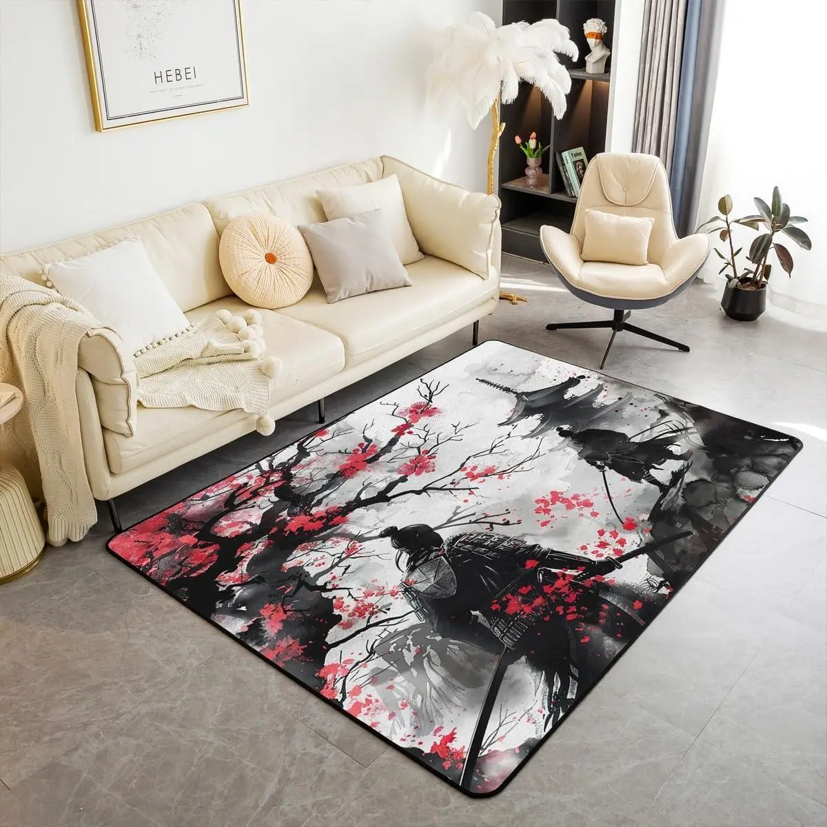 Japanese Samurai Area Rug Anime Decorative Rug Cherry Blossoms Home Decor Living Room Rugs Japanese-Style Indoor Floor Mat