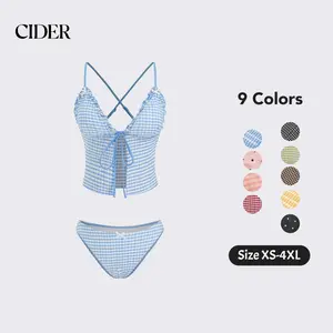 Cider Gingham Tankini Bikini Set – V-Neck Bowknot 2-Piece Swimsuit with Tummy Control， Lettuce Trim Detail for Beach Vacations & Pool Parties SwimWeek