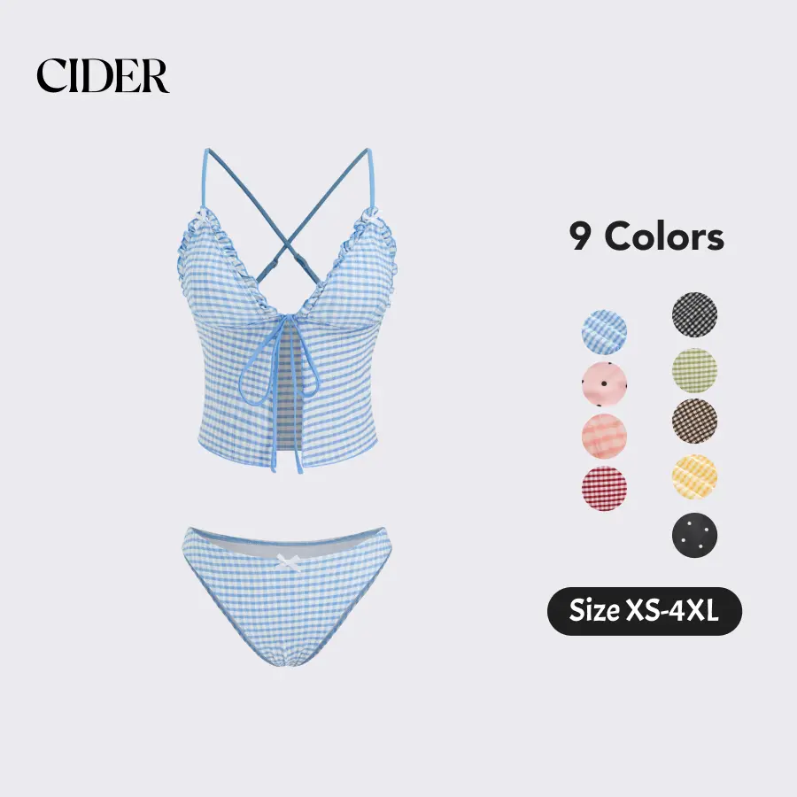 Cider Gingham Tankini Bikini Set – V-Neck Bowknot 2-Piece Swimsuit with Tummy Control， Lettuce Trim Detail for Beach Vacations & Pool Parties SummerWins