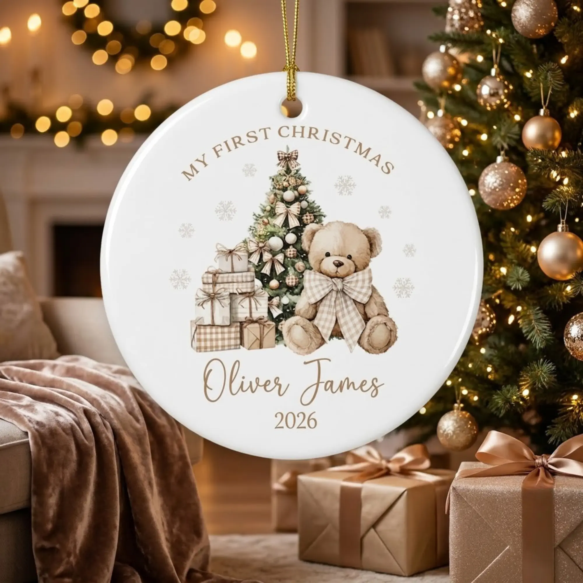 My First Christmas Teddy Bear Ornament, Baby First Holiday Keepsake, Custom Name Tree Decor, Circle Ceramic Ornament 2-side Gift for New Parents