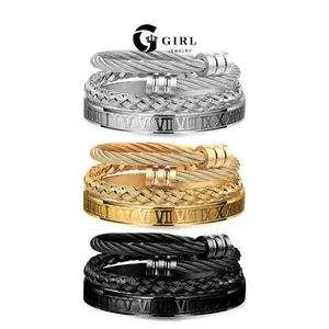 GGIRL 18k Gold-Plated Stainless Steel Vintage Roman Numeral Engraved Bracelet Set: Braided Twisted Design, Stackable And Adjustable—Stylish And Elegant Everyday Jewelry For Men