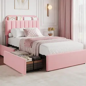 Twin Bed Frame with Storage Headboard, Girls Bed Frame with 2 Drawers, Boucle Upholstered Platform Bed with Bookcase, No Box Spring Needed, Easy Assembly, Pink