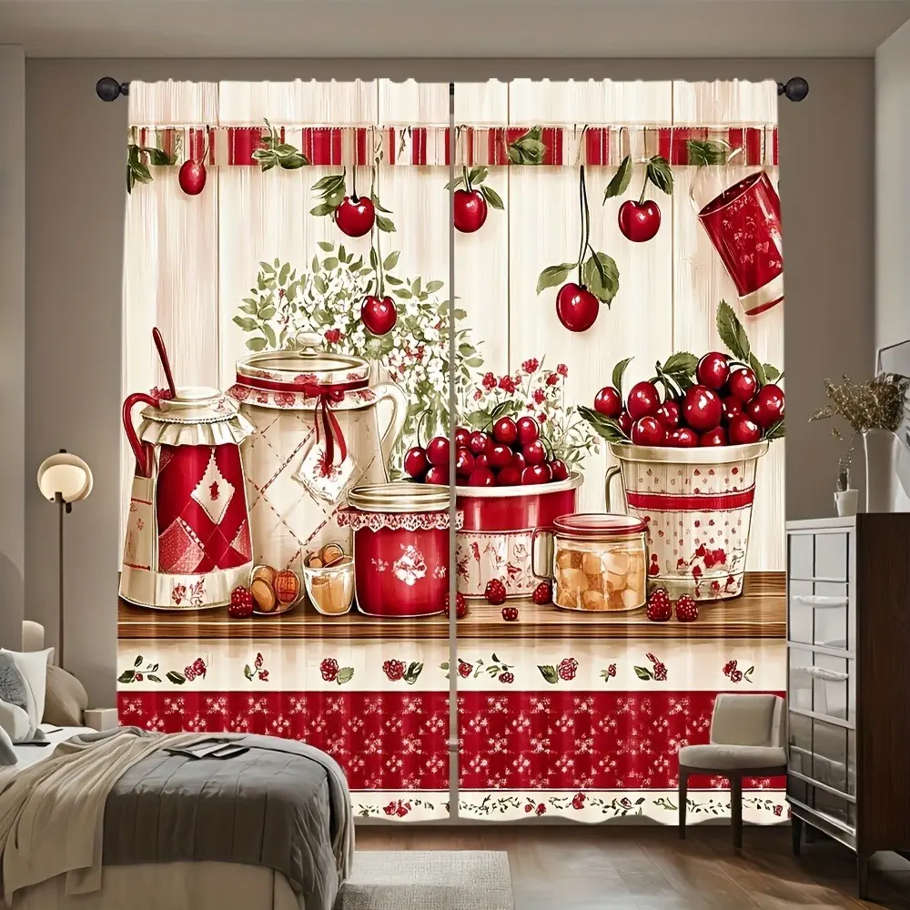 Plaid Curtains with Fruit Illustrations, Polyester Fabric, Light Filtering, Bedroom Living Room Decor, Window Drapes, Home Decorative Curtain, Home Decoration Curtain
