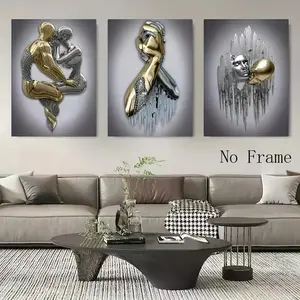 3pcs Metal Figure Statue Art Canvas Mural Romantic Abstract Poster Triple Canvas Painting Modern Living Room Bedroom Background Wall Decoration Frameless Hanging Painting