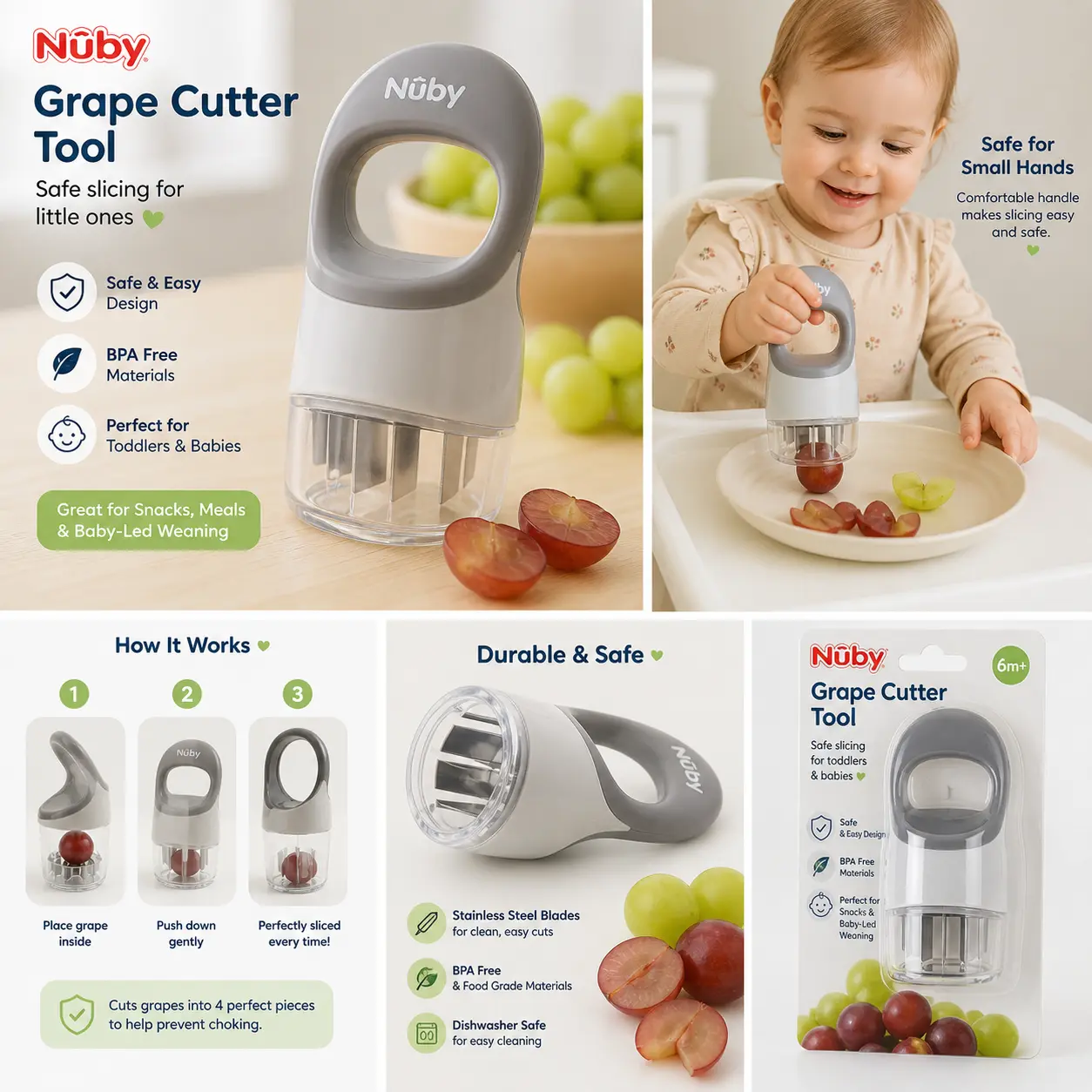 Nuby Grape Cutter Tool – Safe Grape Slicer for Toddlers Kids & Babies | Fruit Cutter for Snacks Meals & Baby-Led Weaning Gray