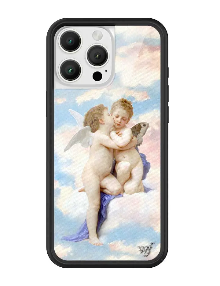 Angels | Limited Edition Trendy iPhone Case | Raised Protective Black Bumper | Women Owned Small Business | Vibrant Baby Blue Cloudy Sky Background Cute Cherubs Love | Safety Casing Protective | Gift for Her