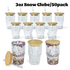 50pack Sublimation Double Wall Glass Cups, 3oz Snow Globe Drink Cups,With Straw+Splash Proof+Silicone Plug, Reusable,Festive Gifts.
