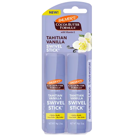 Palmers Cocoa Butter Formula Tahitian Vanilla Swivel Stick 2 Pack Moisturizing Balm for Lips and Dry Skin with Vanilla Frosting Scent and Flavor