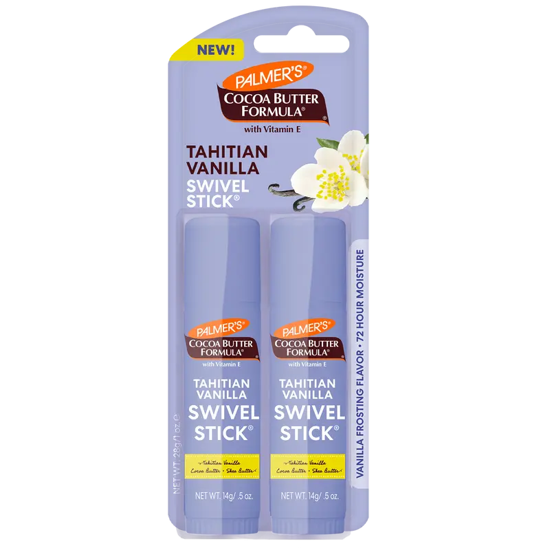 Palmers Cocoa Butter Formula Tahitian Vanilla Swivel Stick 2 Pack Moisturizing Balm for Lips and Dry Skin with Vanilla Frosting Scent and Flavor