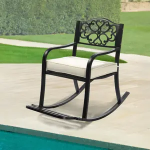Metal Rocking Chair, Outdoor Rocking Bench with Cushion, Patio Rocker with Footrest, Weatherproof Rocking Chair for Outside, Patio, Garden