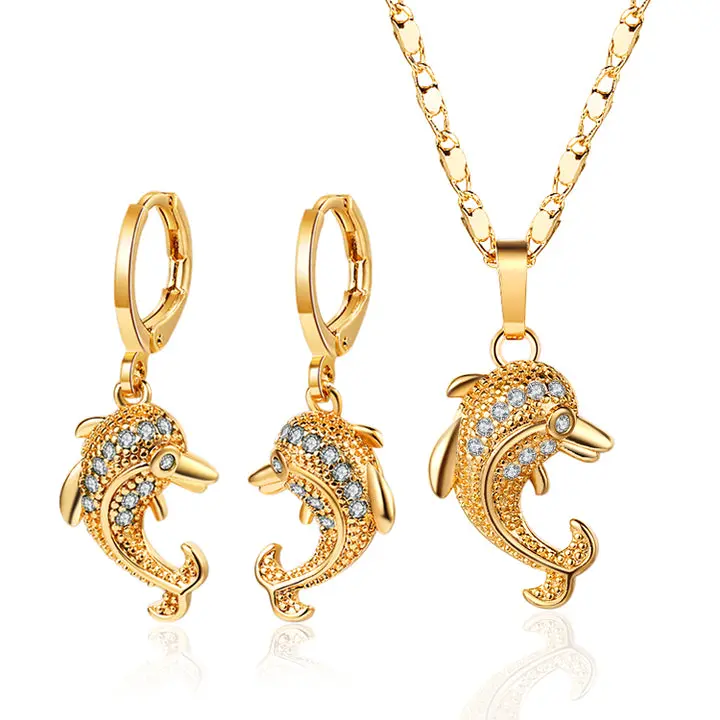18K Gold Plated Cute Dolphin Zircon Pendant Necklace & Leverback Earrings Jewelry Set