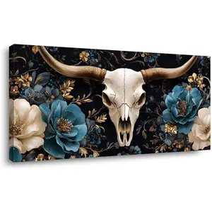 Floral Bull Skull Wrapped Canvas Gallery Print - Western Boho Animal Painting Artwork - Moody Gothic Canvas Wall Art Flower Home Decor for Living Room, Bedroom, and Bathroom (40x20 Inch)