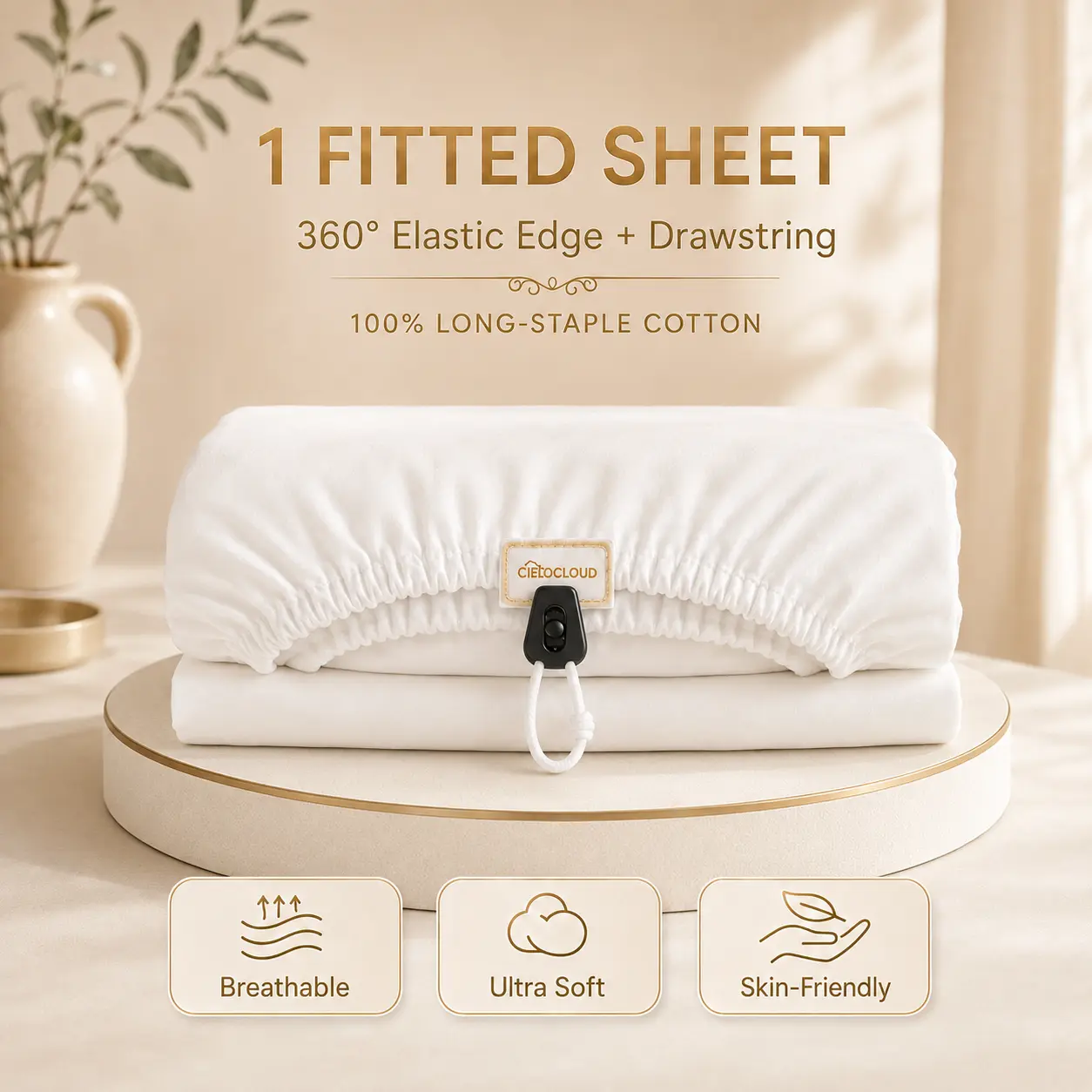 "CieloCloud Never Fix Your Sheets Again, Egyptian Cotton Fitted Sheet with Adjustable Drawstring Design, Luxury Soft Sateen Bedding, Breathable Cooling Bed Sheet Fits Mattress Securely  "