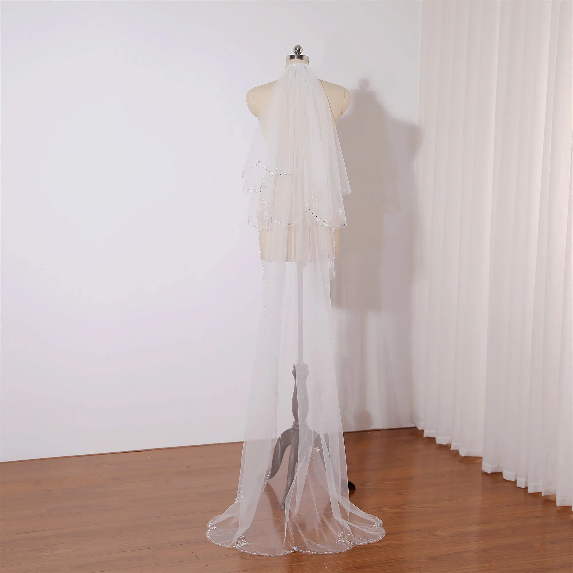 Double layered shiny beaded wedding veil, Floor length romantic floral wedding veil, Sparkling sequined wedding veil, Flower trim pearl wedding veil, Elegant 2 tiers mantilla veil, Ivory wedding veil short veil