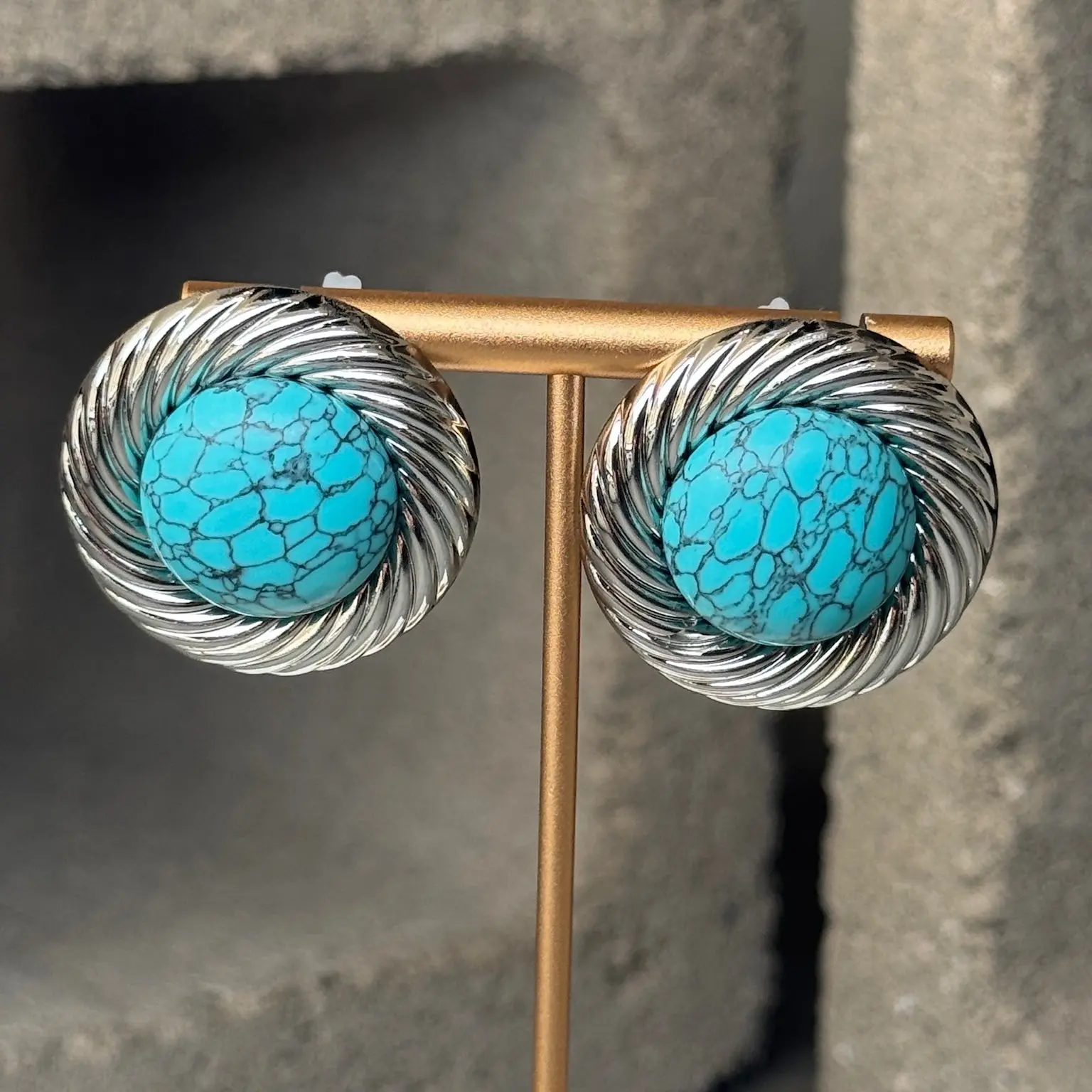 Teal Dynasty Ribbed Stud Earrings