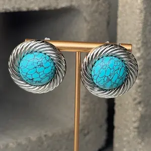 Teal Dynasty Ribbed Stud Earrings