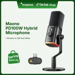 Maono PD100W Wireless & USB gaming microphone for podcast recording, meeting, dynamic RGB mic with quick mute, headphone jack, gain knob, volume control, desktop mic for PC Gamer. widely compatible with PCs, smartphones, laptops, PS4, and PS5.