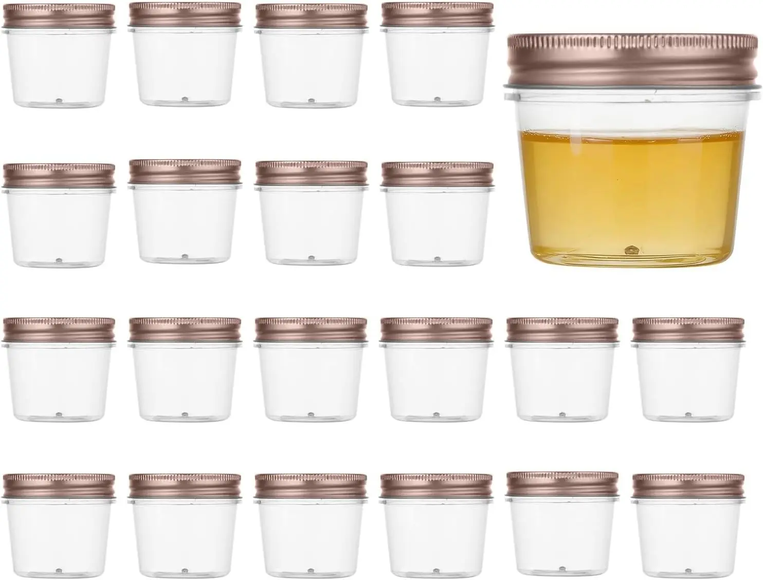 20-Pack 4 oz Small Plastic Jars with Lids, Mini Mason Style Containers for Desserts, Cake, Spices, Snacks and Food Storage, Rose Gold