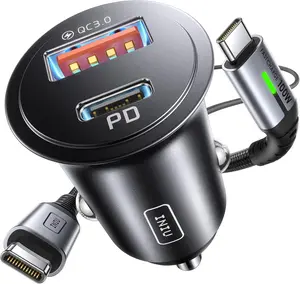 INIU Dual Ports [USB C 30W+USB A 30W] Car Charger, 5A QC 3.0 PD USB Socket with [1m] 100W Type C Cable Fast ChargeCar Charger Adapter, All-Metal Mini USB C Car Charger for iPhone 16 15 14 13 Pro Max iPad Samsung S21 MacBook Airpods Tablets 12 v