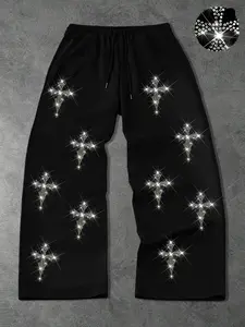 Men's Casual Sporty Long Pants, Rhinestone Cross Star Design, Regular Fit, Fashionable Cartoon Print, Comfortable Fabric, Spring & Fall, Star Print Sweatpants, Athletic Casual Trousers