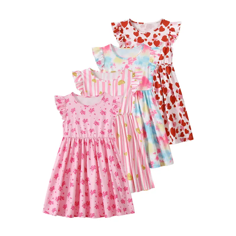#SummerVibes 4-piece set girls' floral skating dresses, summer casual dresses for girls, polka dot short-sleeve princess A-line dress Sundress Printing