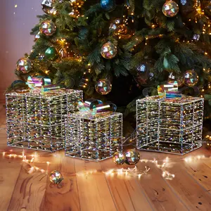 3-Piece Set of Glowing Iridescent Gift Boxes Pre-Installed 140 LED Warm White Lights Nestable Decorations for Christmas Outdoor & Indoor Glowing Holiday Display
