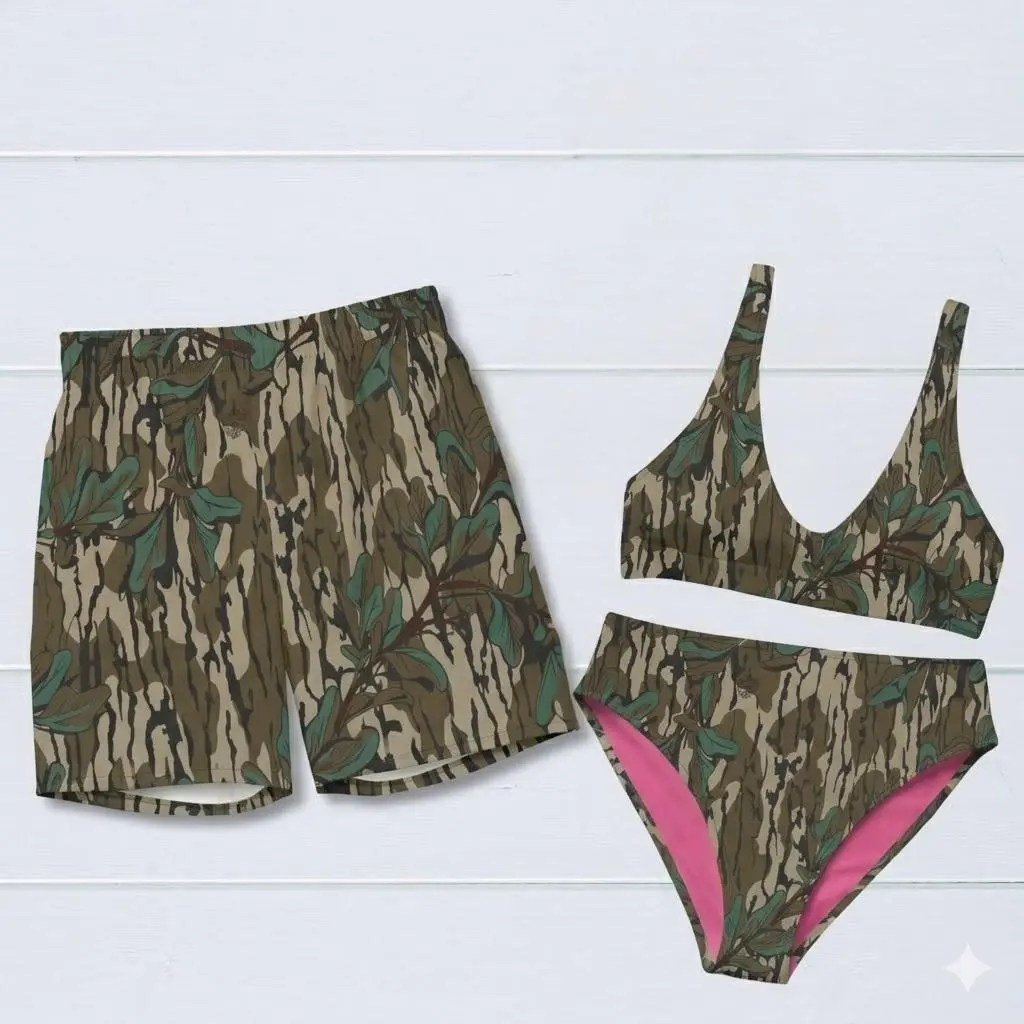 Matching Camo Swimwear Set for Couples Hawaiian Swim Shorts and High Waisted Two Piece Swimsuit Forest Mossy Oak Beachwear Vacation Outfit