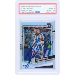 Lionel Messi Argentina FC Autographed 2023-24 Panini Donruss FIFA Optic Holo #1 PSA Authenticated 9/10 Card - Fanatics Authentic Certified