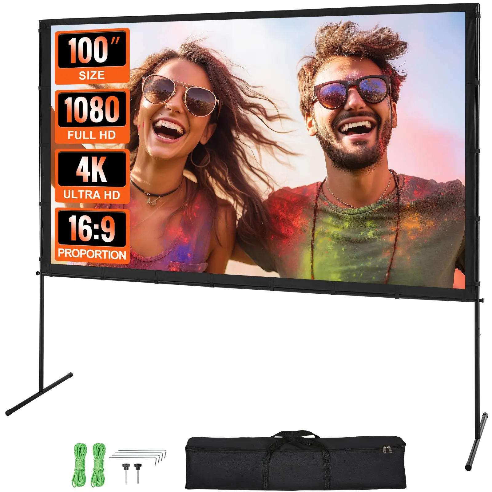 【DealsForYouDays】VEVOR Projector Screen with Stand, 100 inch 16:9 4K 1080 HD Outdoor Movie Screen with Stand, Wrinkle-Free Projection Screen with Bar Feet and Carry Bag, for Home Theater Cinema Backyard Movie Night